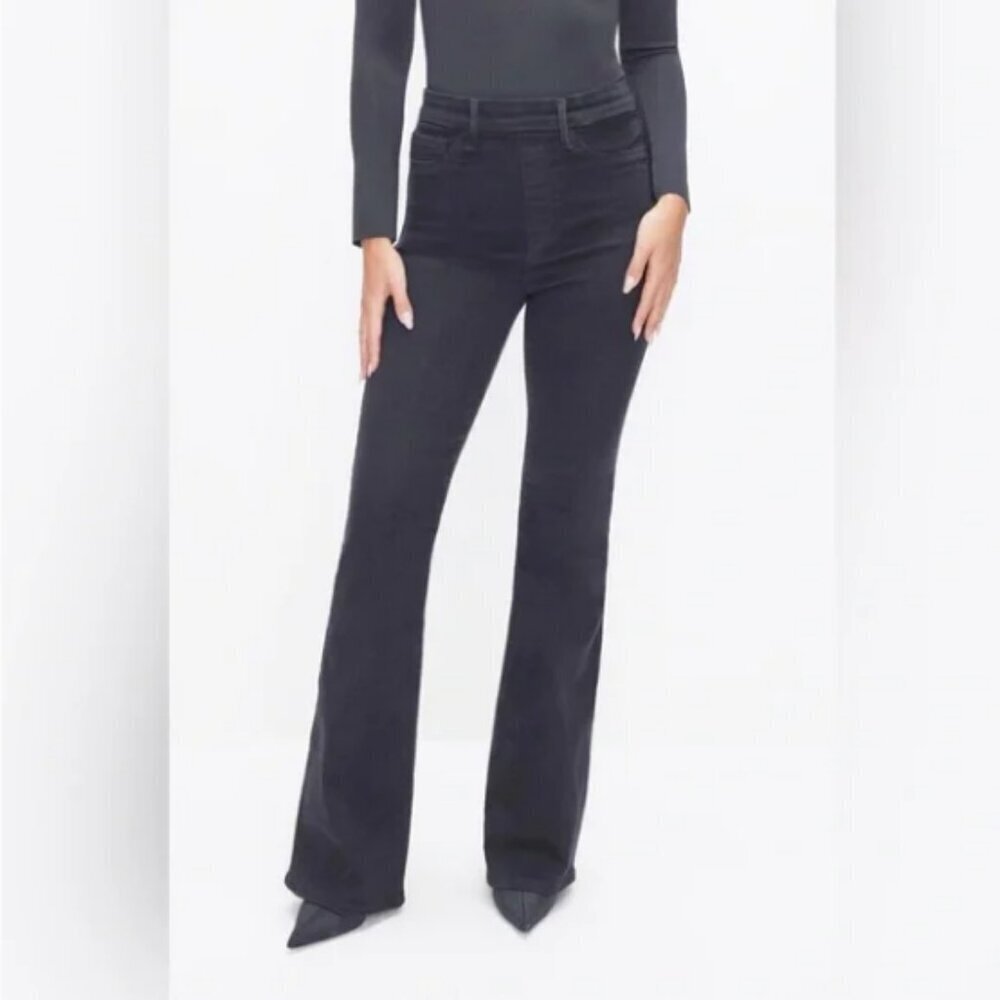 GOOD AMERICAN Power Stretch Pull On Flare Jeans S Black Elastic Waist Denim Pant